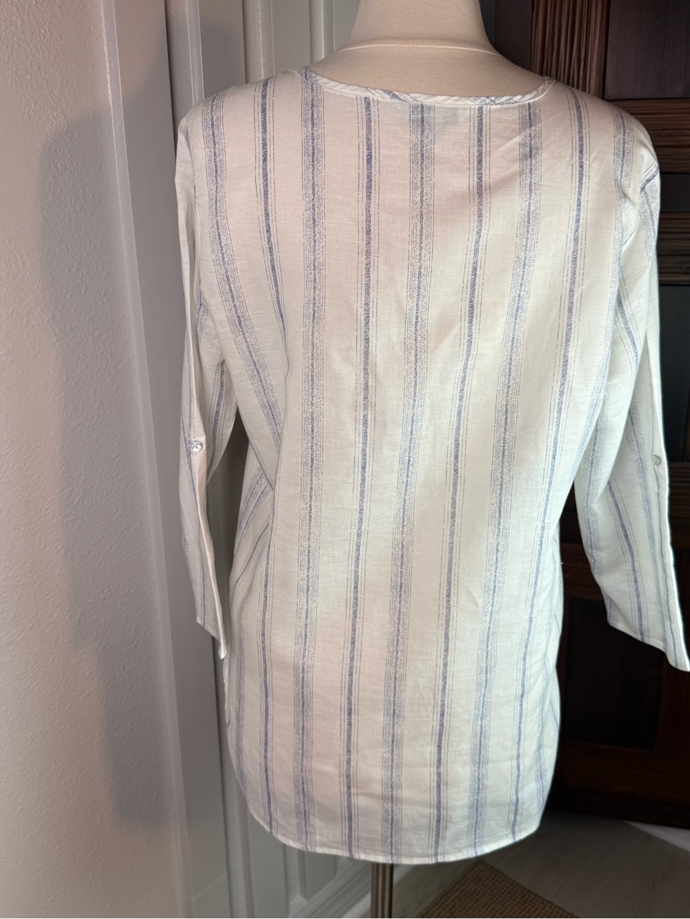 Hester & Orchard Linen Cotton Tunic Blouse L Blue White Stripe Coastal - Picture 4 of 11
